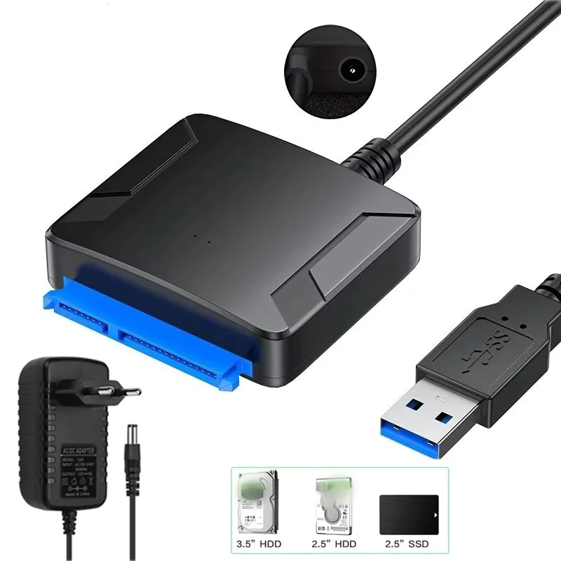 USB 3.0 para SATA III Cabo Adaptador de Disco Rígido, Conversor para 2.5 ", 3.5", SSD, HDD, Disco Rígido com 12V, Adaptador de Energia 2A
