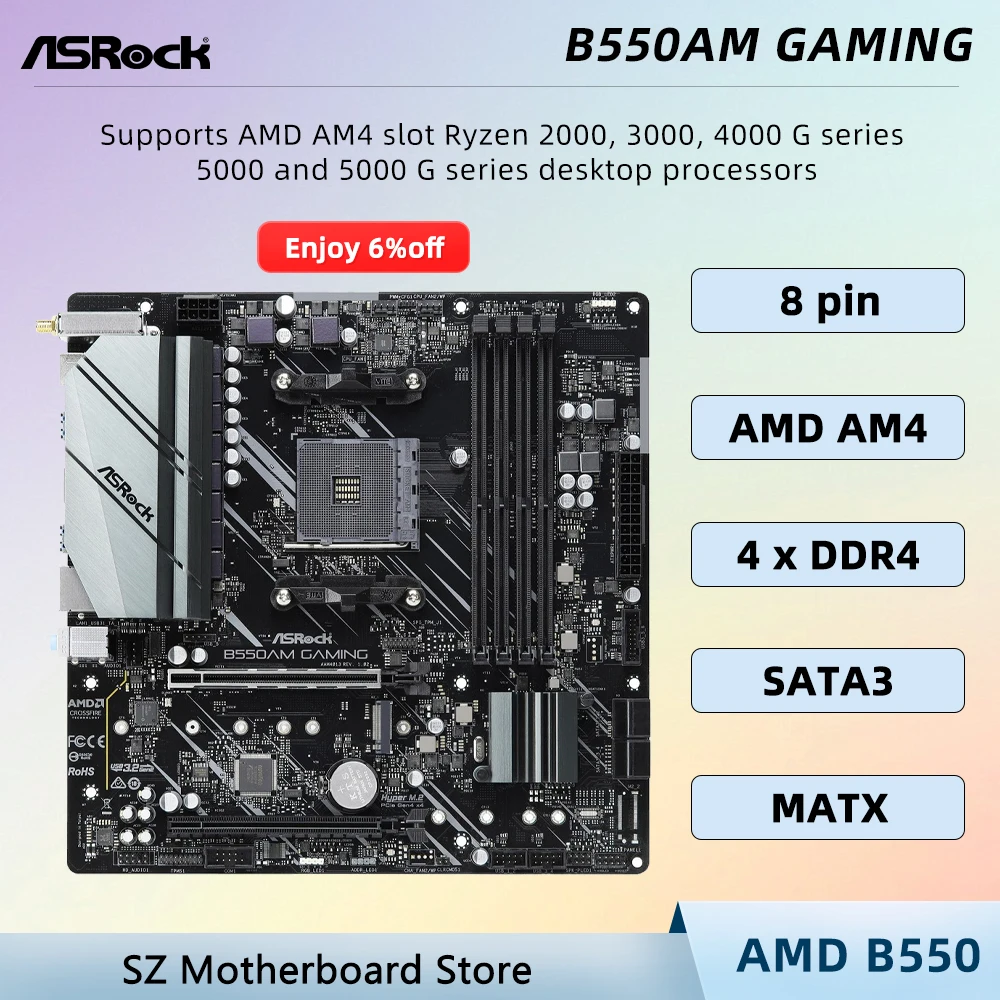 Placa-mãe ASROCK B550AM GAMING AM4, compatível com CPUs B550, R5 5600X, R7 5700G, R7 5800X, R7 3700X, memória RAM DDR4, M.2, MATX.