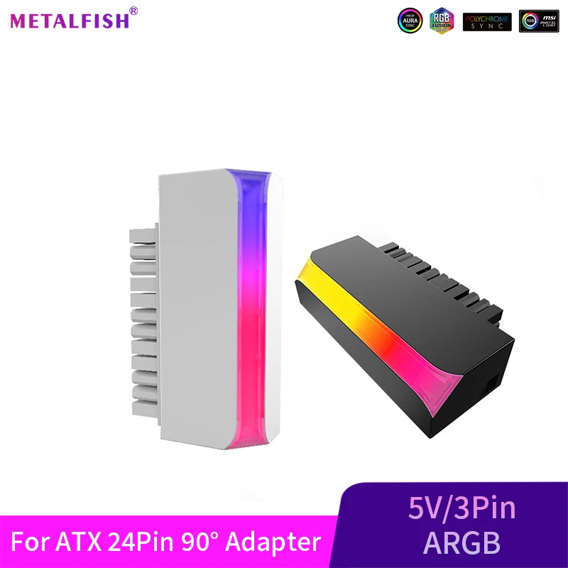 METALFISH ATX 24Pin ARGB 90 ° Adaptador para placa-mãe DIY, acessório de montagem de cabo de fonte de alimentação modular de 24 pinos