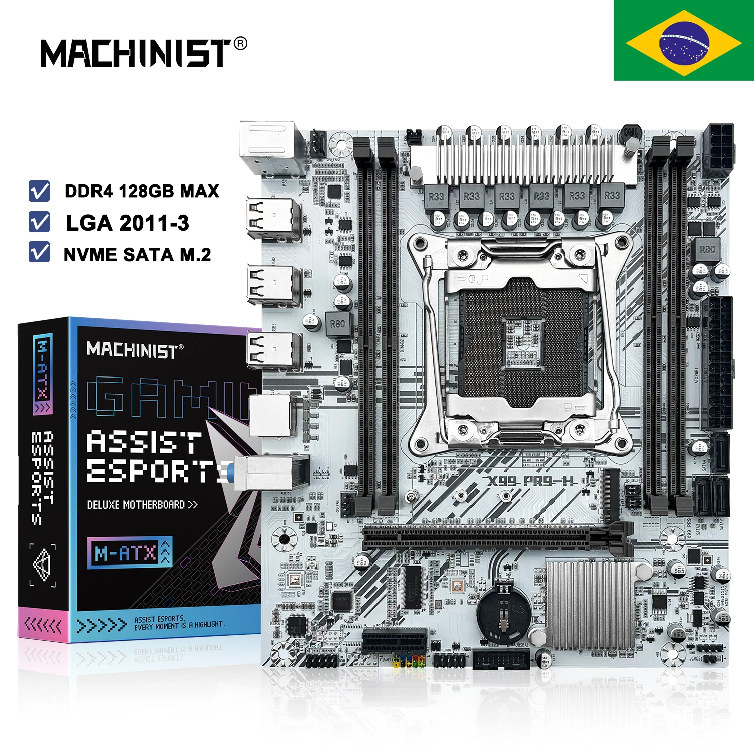 Placa-Mãe MACHINIST X99 Branca PR9-H LGA2011-3 Suporte para Processadores Xeon E5 V3 V4 Memória RAM DDR4 ECC RECC M-ATX NVME SATA M.2