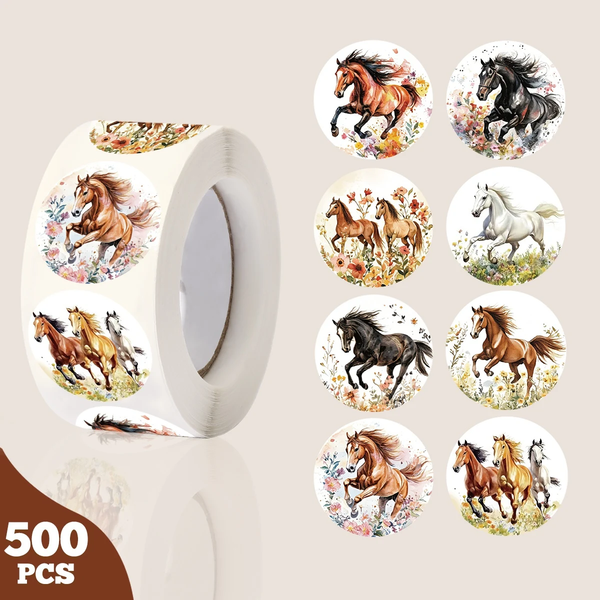 500 Adesivos Redondos com Tema de Cavalo para Presentes, Decalques para Selagem, DIY, Scrapbook, Caderno, Adesivos para Celular, Suprimentos de Decoração para Feriados, Presentes