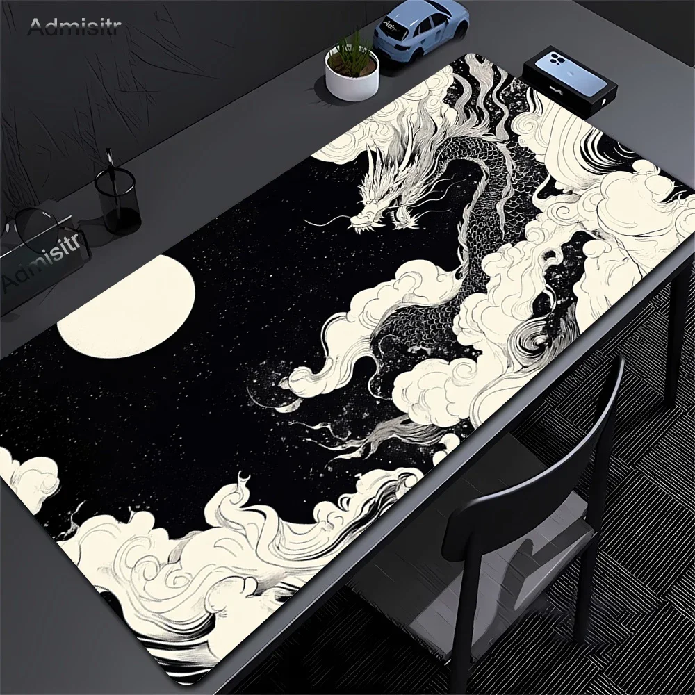 Xxl preto e branco dragão anime mouse pad grande teclado lockrand tapete de jogo de mesa de borracha antiderrapante conveniente lavável