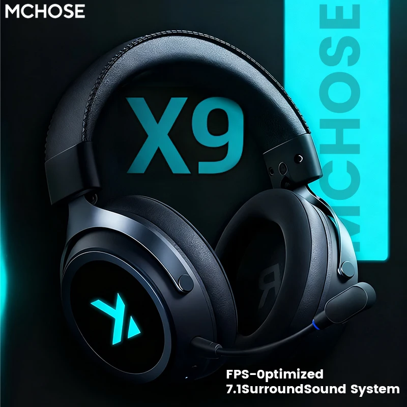 Fone de Ouvido Sem Fio MCHOSE X9 para Jogos 7.1 Bluetooth 2.4G Três Modos E-sports com Redução de Ruído para Presentes