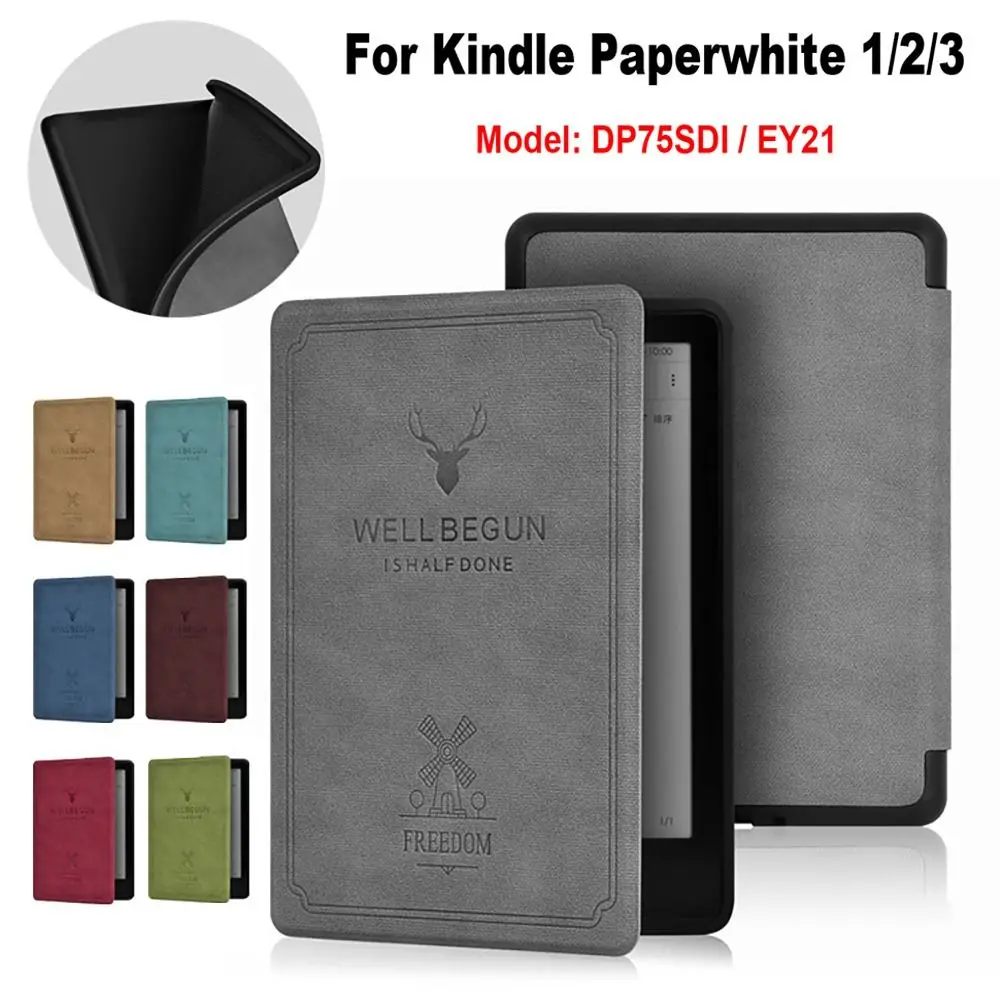 Caso inteligente de couro PU para Kindle Paperwhite, à prova de choque, escudo protetor, Soft Shell, 6 ", DP75SDI, 1, 2, 3