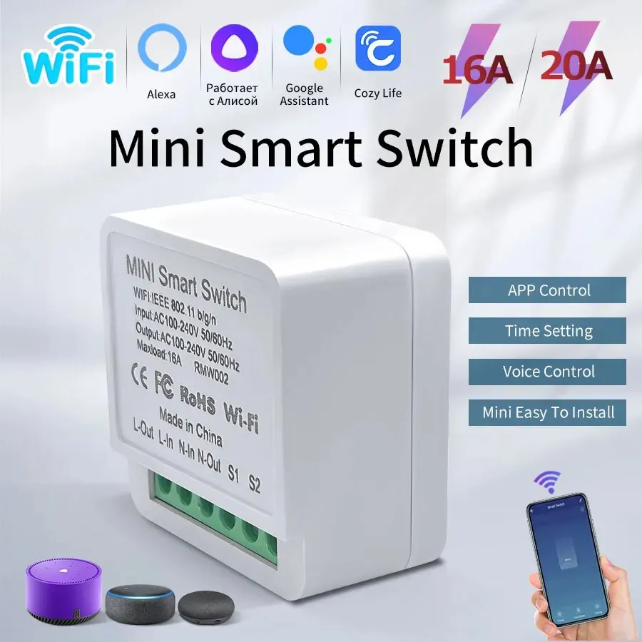 16a/20a wifi mini módulo de interruptor inteligente controle bidirecional aconchegante vida app controle remoto para alexa google automação residencial controle voz