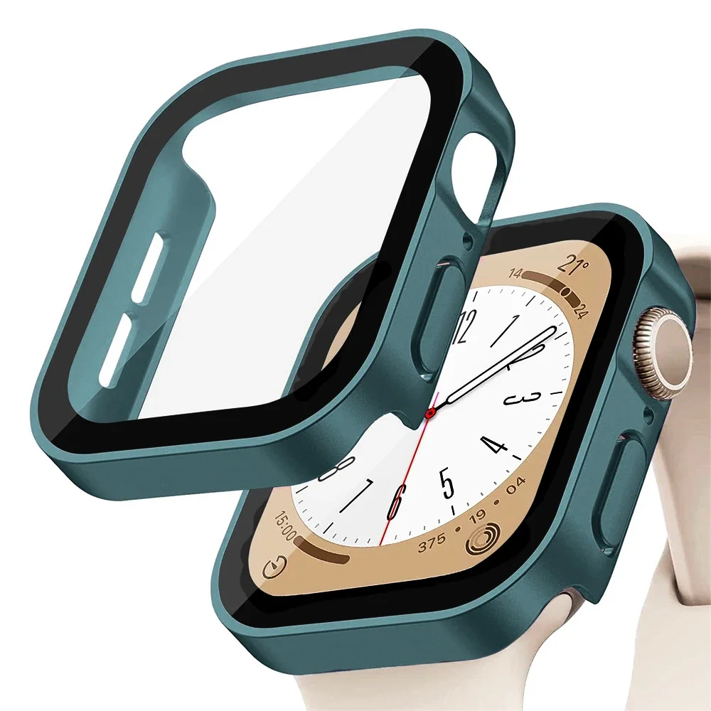 Vidro + capa para apple watch case série 8 7 6 5 4 se 44mm 40mm 41mm 45mm protetor de tela de borda reta acessórios de apple watch