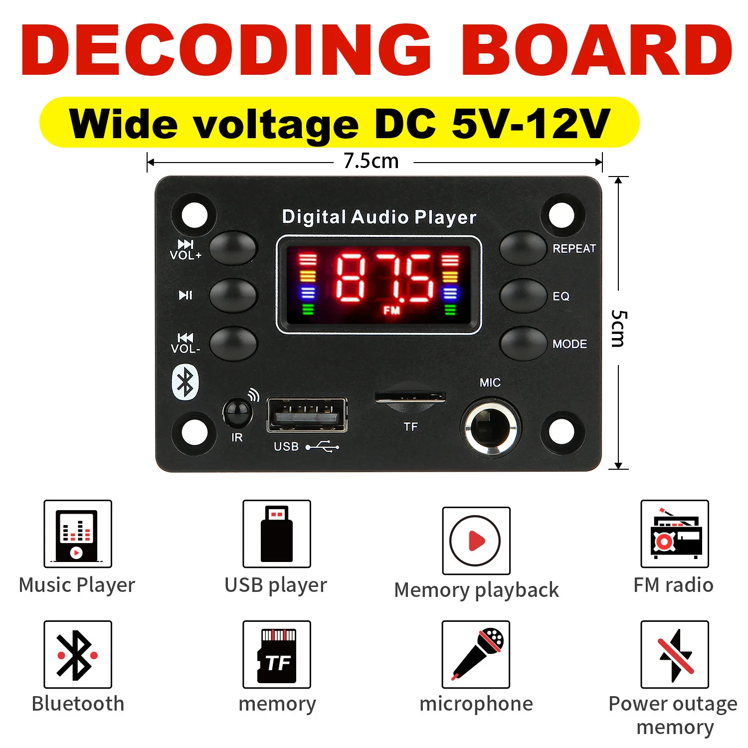 Dc 12v bluetooth 5.0 mp3 wma wav ape placa decodificadora mãos-livres microfone de áudio do carro usb tf rádio fm mp3 leitor de música alto-falante