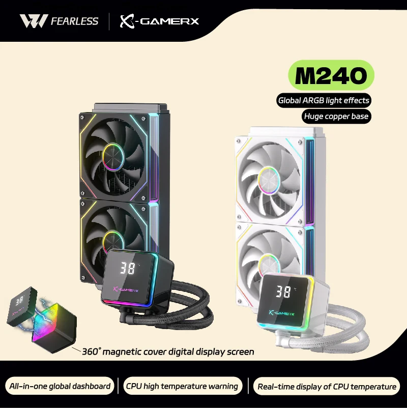 X-GAMERX PowerTrain M240 Water Cooler 240mm com Efeitos de Luz ARGB Globais 360 ° Capa Magnética para Cooler de CPU AIO com Tela Digital X-GAMERX PowerTrain M240 Water Cooler 240mm com Efeitos de Luz ARGB Globais 360 ° Capa Magnética para Cooler de CPU AIO com Tela Digital