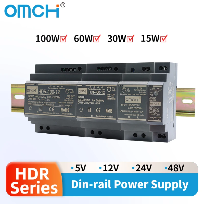Fonte de alimentação de comutação em trilho DIN série OMCH HDR HDR-15 100-240VAC 15W 30W 60W 100W Tensão AC para DC 5V 12V 24V 48V 0-7.1A SMPS