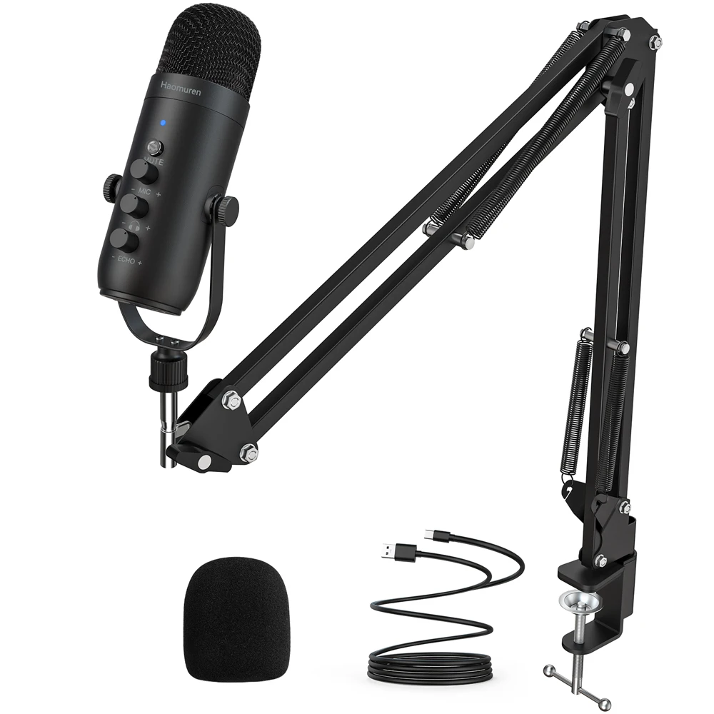 Haomuren Professional USB Streaming Podcast PC Microfone Estúdio Cardioid Condensador Mic Kit com Braço Boom Para Gravação YouTube