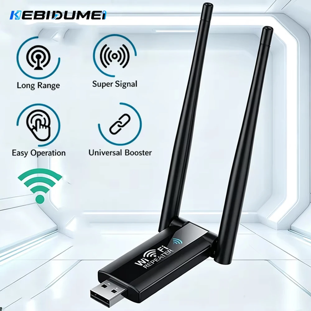 Repetidor WiFi USB Sem Fio KEBIDUMEI 2.4G 300Mbps, Amplificador de Sinal, Extensor de Alcance Longo para Rede Doméstica