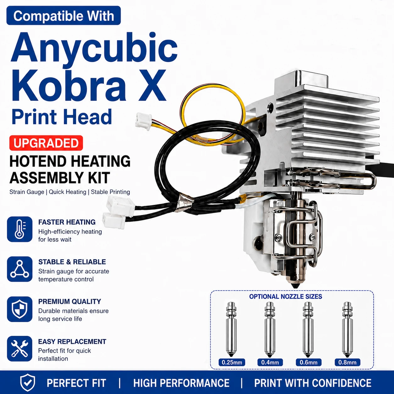 Kit de Montagem Hotend Anycubic Kobra X Aprimorado com Sensor de Tensão e Bicos de 0.25, 0.4, 0.6, 0.8mm para Cabeça de Impressão de Impressora 3D