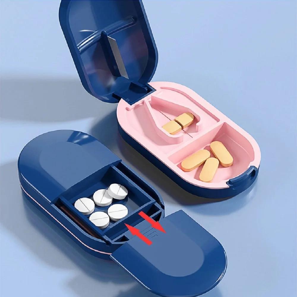 Cortador de comprimidos com caixa de armazenamento discreta, portátil, 2 em 1, mini organizador de medicamentos, divisor à prova de poeira, triturador de comprimidos, caixa para comprimidos.