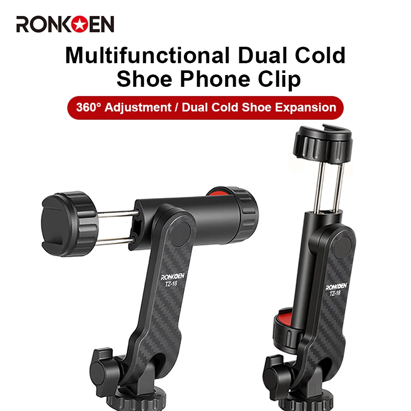 Ronkoen TZ-18 para celular Samsung iPhone Xiaomi universal 360 ° Suporte de clipe para celular para adaptador de montagem de tripé de parafuso 1/4