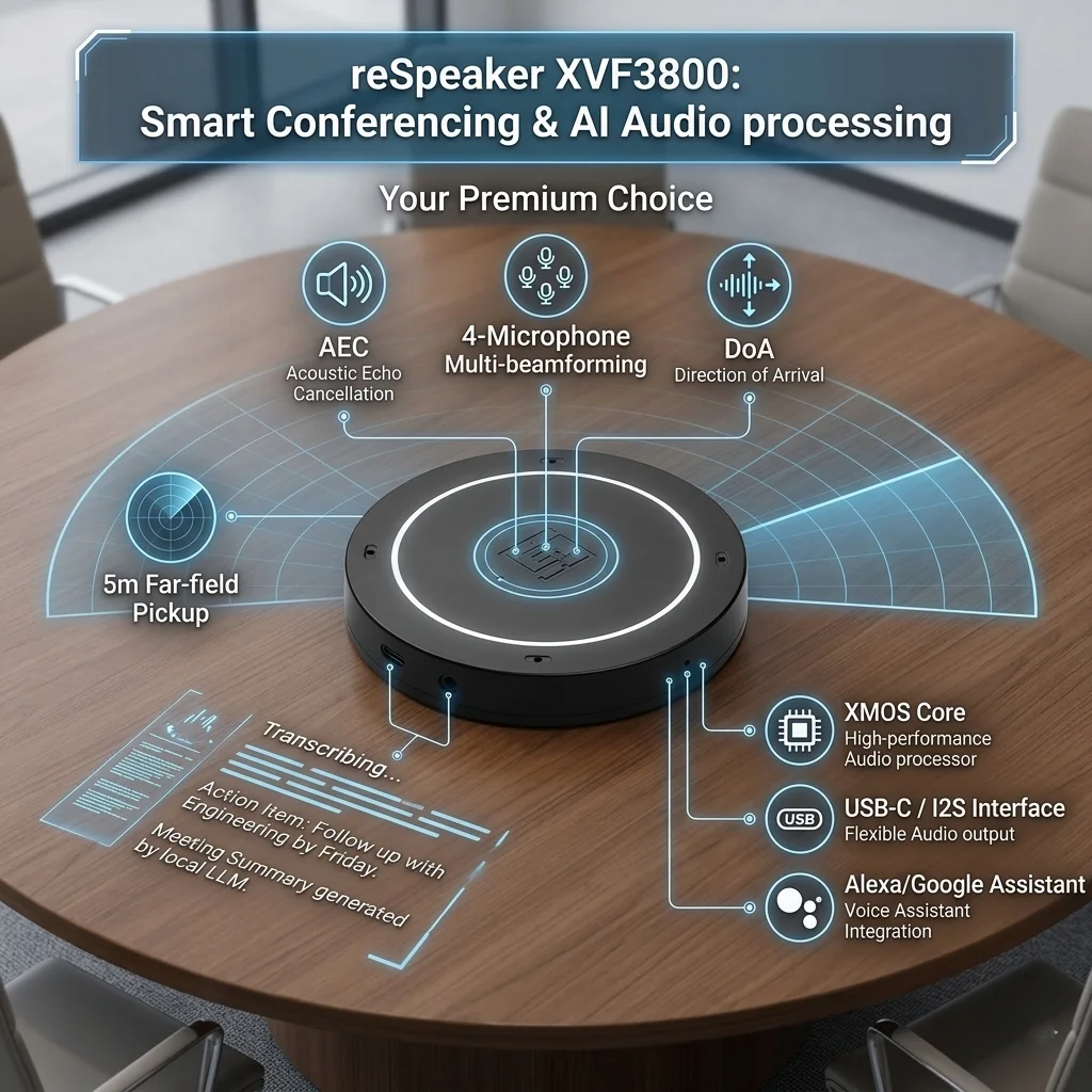 Microfone de Conferência USB XVF3800 com 4 Microfones em Array, Captação de Voz de Longo Alcance, Redução de Ruído, Alto-falante para Reuniões, Processamento de Áudio por IA, Plug&Play