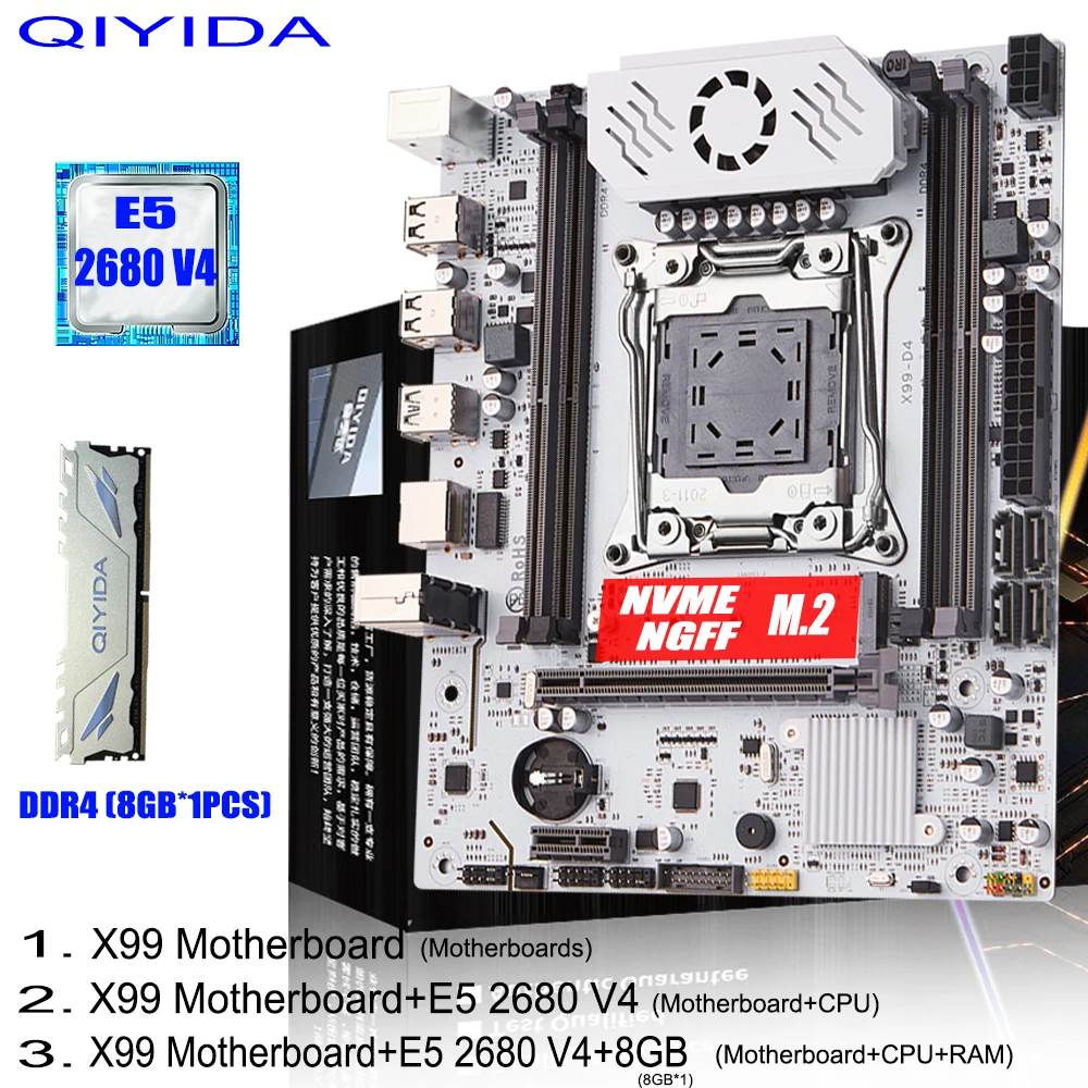 Conjunto de Placa-Mãe QIYIDA X99 LGA 2011-3 com CPU Xeon E5 2680 V4, Memória DDR4 8GBx1PCS=8GB, NVME NGFF M.2, SATA3.0, USB3.0, Chip X99 C612