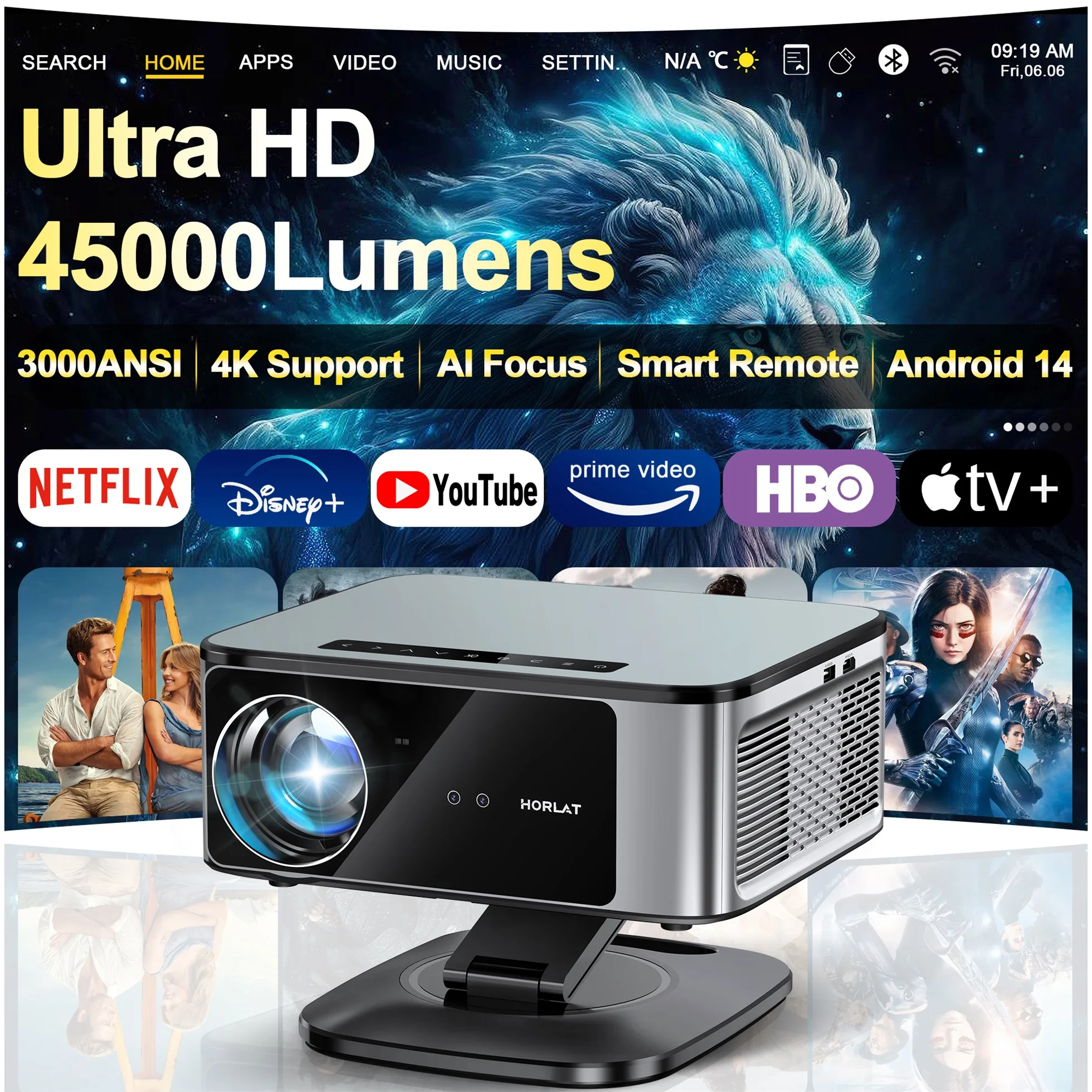 Projetor 4K Ultra HD HORLAT 2026 de 45000 Lumens com Foco TOF, Android 14, WiFi 6, Full HD 1080P para Cinema em Casa e Uso Diurno