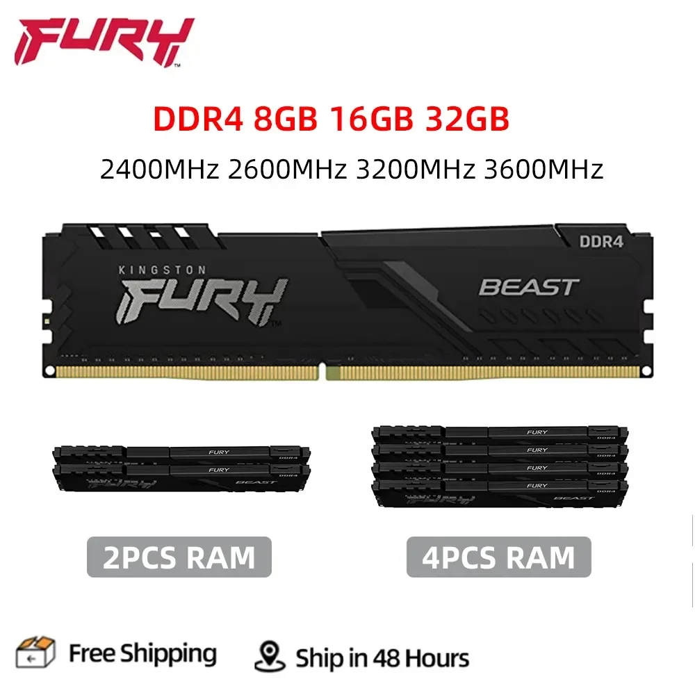 Kingston Fury Beast DDR4 8GB 16GB 32GB 3200 2400 2666 3600MHz Memória de desktop 288Pin 1.2V DIMM PC4-19200 21300 25600 DDR4 RAM