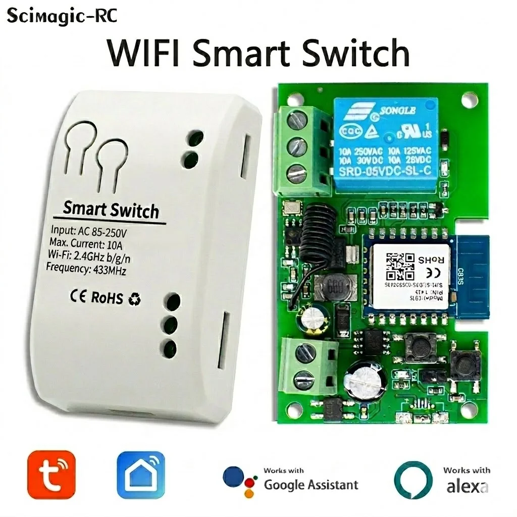 Módulo de Interruptor Inteligente Tuya Wifi 12V 32V 220V RF 433 Controle Remoto por Rádio Relé de Contato Seco 1CH para Alexa Google Home Smart Life