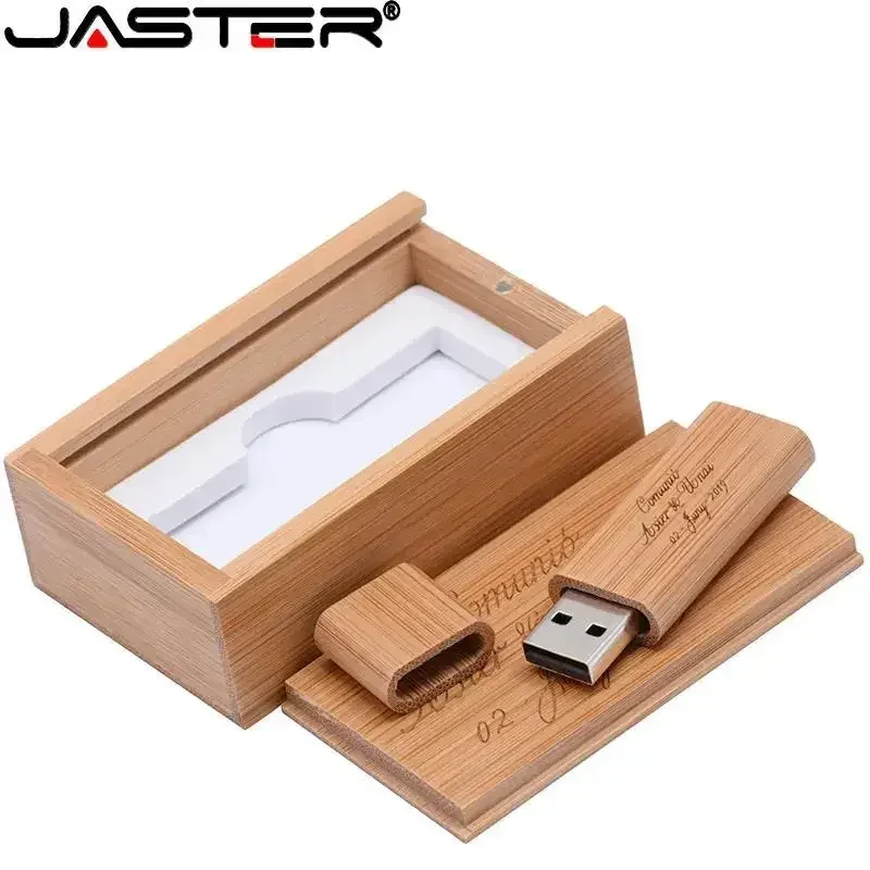 Pen drives USB 2.0 de madeira personalizados JASTER com logotipo, em bambu com caixa, memória de 16GB, 32GB, 64GB, presente de casamento.