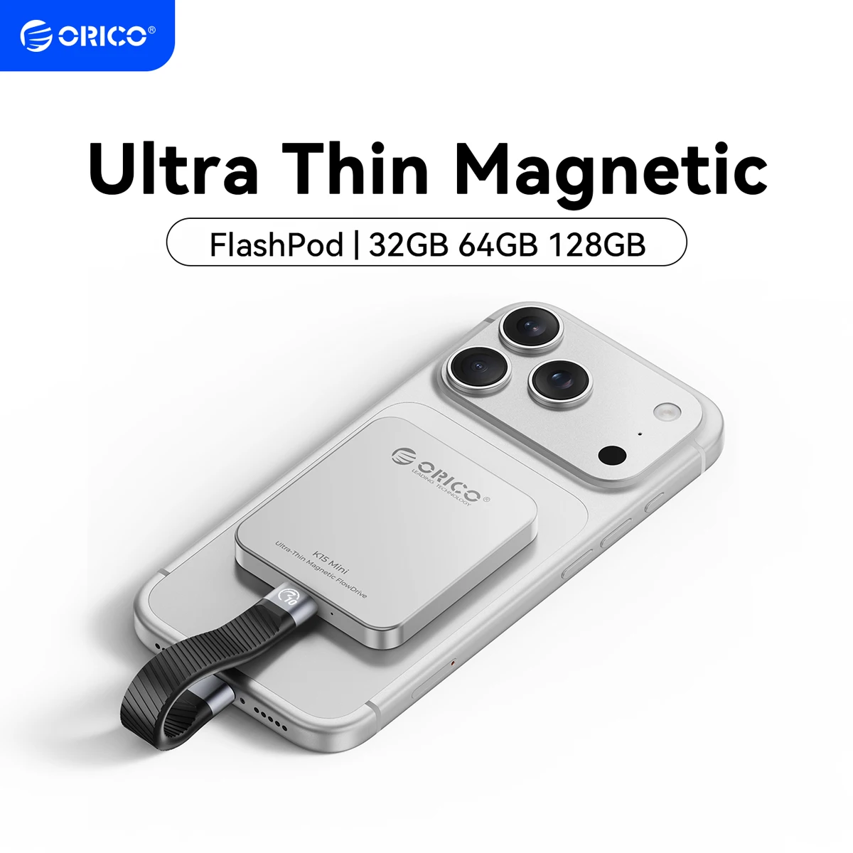 ORICO SSD portátil ultrafino com tecnologia magnética, velocidade de até 150 MB/s, compatível com iPhone 18, série 17, tablets e laptops. Armazenamento de estado sólido portátil, disponível em 32 GB, 64 GB e 128 GB.