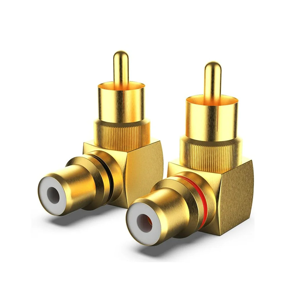 Adaptador rca macho para fêmea de 90 graus, conector av de ângulo reto banhado a ouro para alto-falante de tv, home theater, plugue de metal anticorrosão Adaptador rca macho para fêmea de 90 graus, conector av de ângulo reto banhado a ouro para alto-falante de tv, home theater, plugue de metal anticorrosão