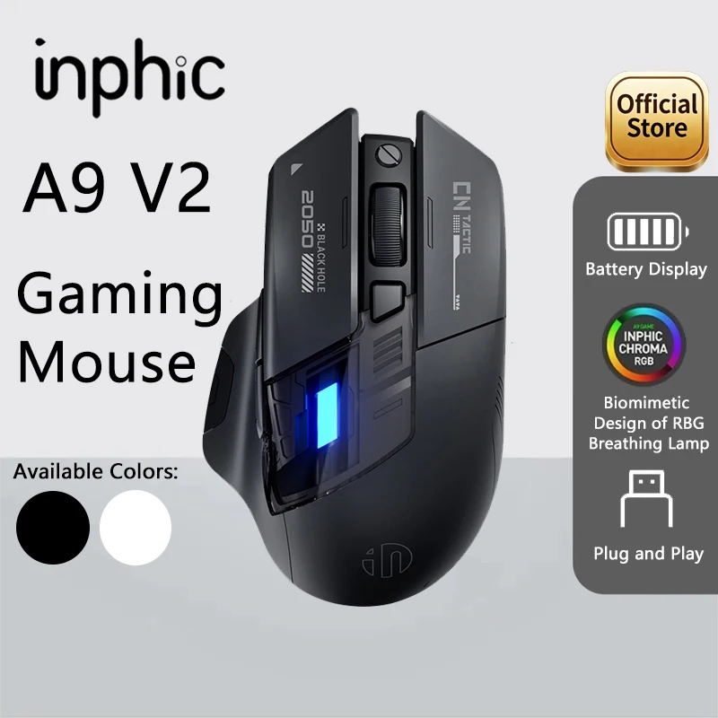 Inphic A9 PRO MAX Novo Mouse Gamer Tri-Modo Com Fio/Sem Fio/Bluetooth, Taxa de Resposta de 1000HZ, 12800DPI, Mouse Sem Fio para Laptop e PC