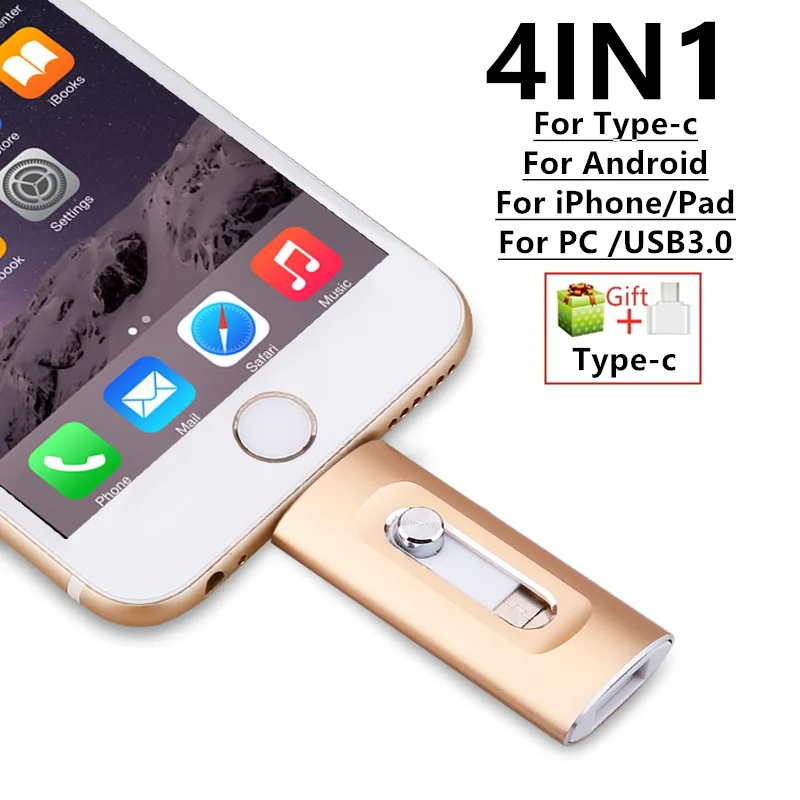 Pen Drive USB 3.0 4 em 1 para iPhone, Micro USB, Android, Samsung, Huawei, Xiaomi - 512GB, 256GB, 128GB, 32GB