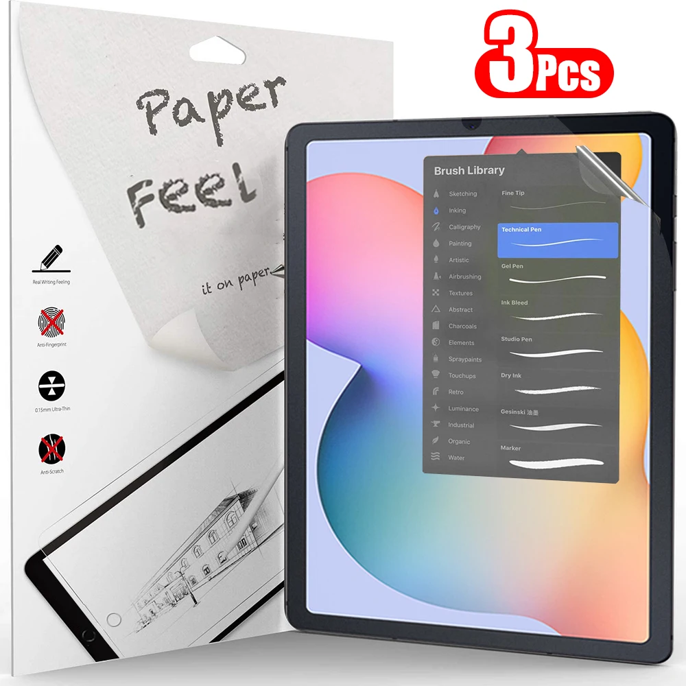 3 pçs papel sentir como protetor de tela para samsung galaxy tab s7 s8 s9 plus ultra samsung tab s6 lite s7 s9 fe a8 a9 a7 sem vidro