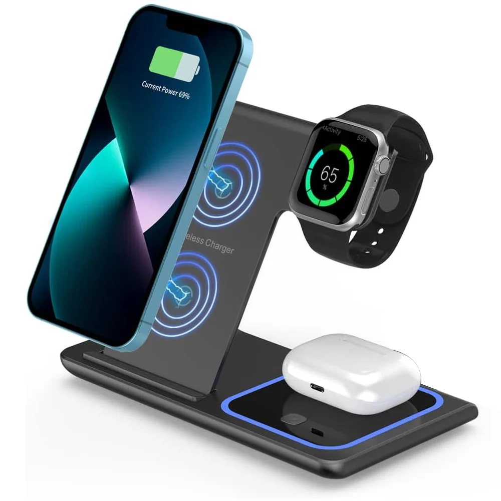 Carregador Sem Fio Rápido LED 3 em 1 Dobrável para iPhone 17/16/15/14, Apple Watch 9 8 7 6 5 e Airpods Pro