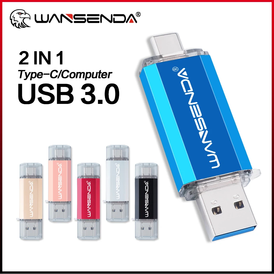 Wansenda USB 3.0 e Type-C Dual Pen Drive 16GB 32GB 64GB 128GB 256GB 512GB 2 em 1 USB Flash Drive para Type-C Android/PC/Mac