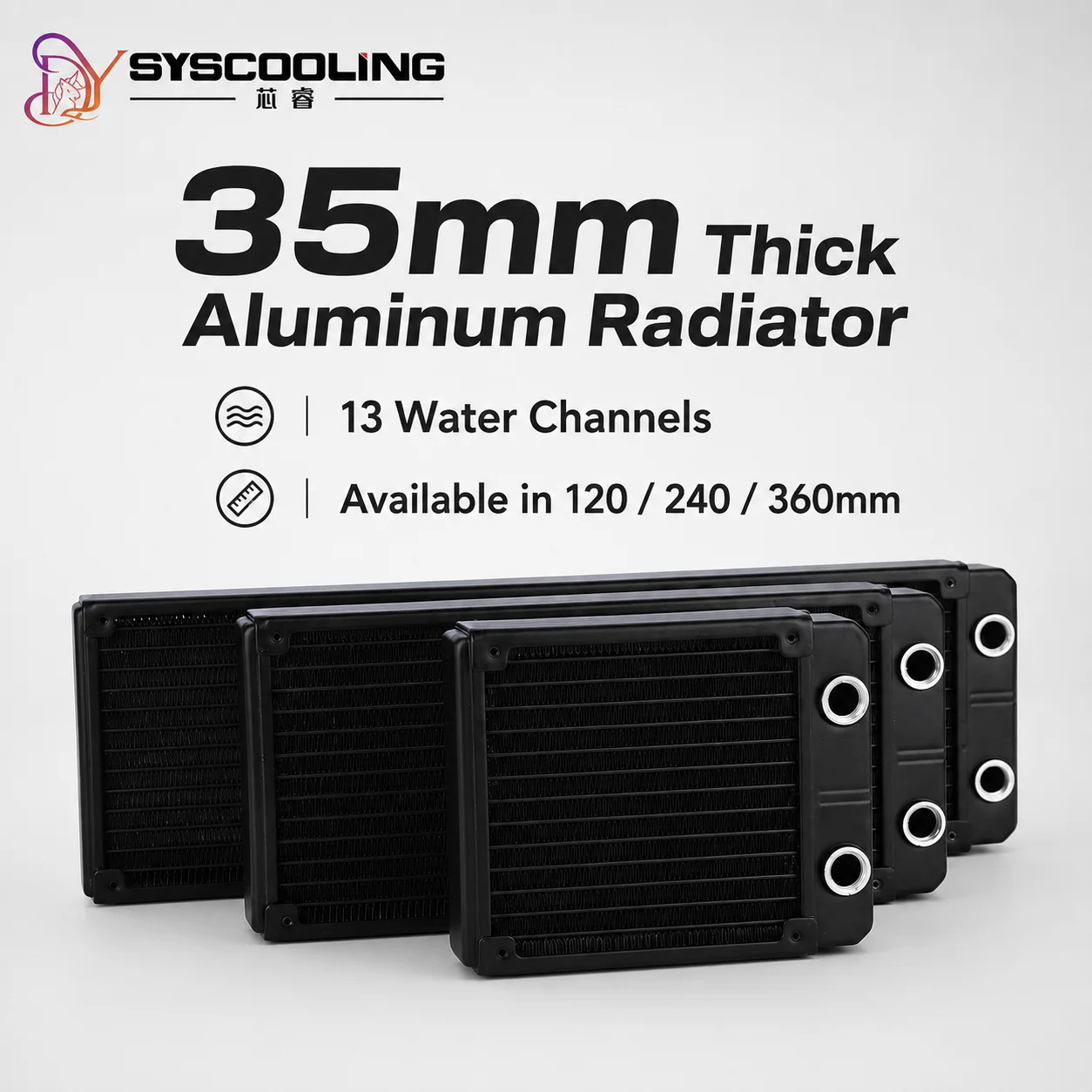 Radiador de Resfriamento a Água em Alumínio SysCooling 120/240/360mm, 35mm de Espessura, 13 Vias de Água, Resfriador Líquido para PC, Trocador de Calor