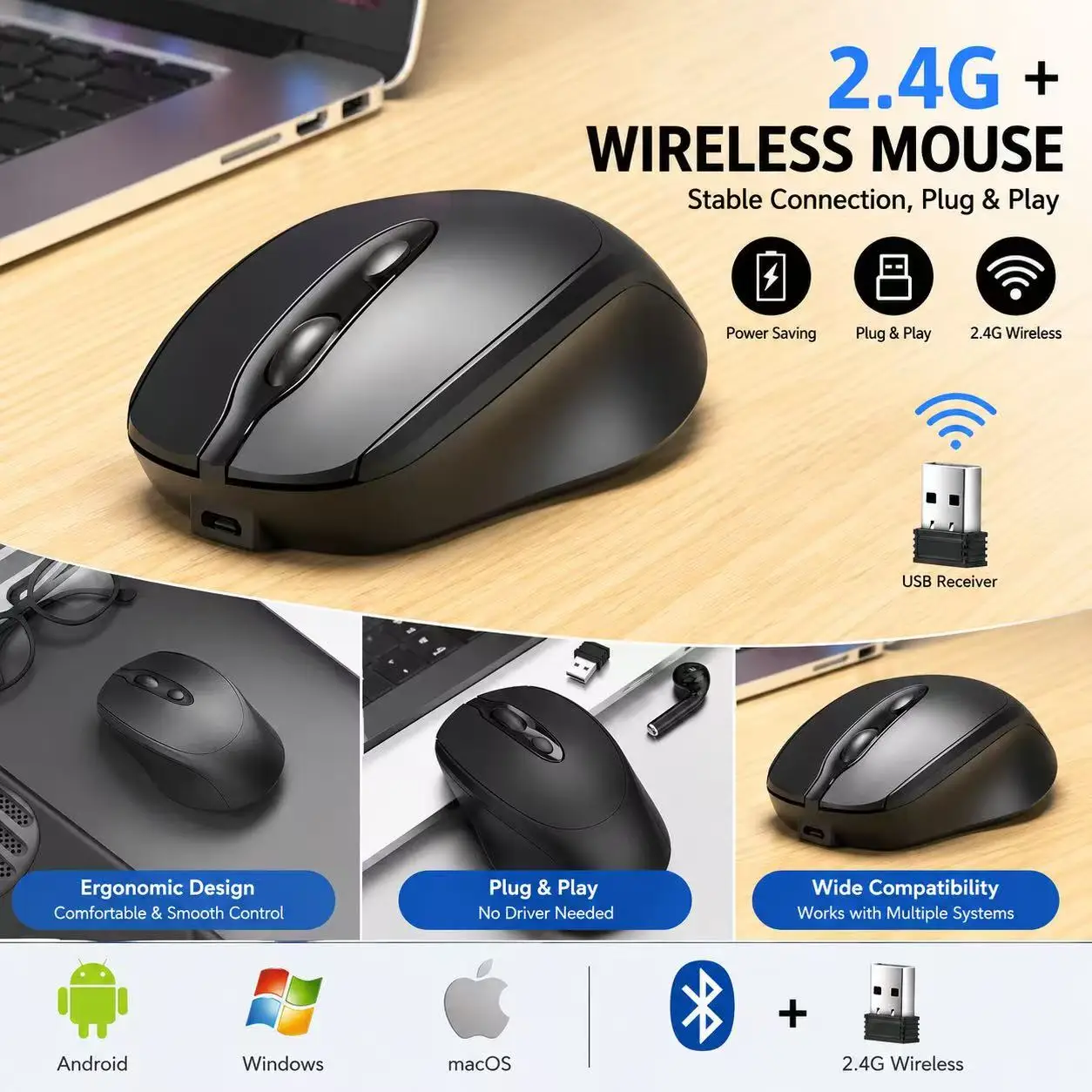 Mouse sem fio recarregável para computador, 2.4g, compatível com bluetooth, usb, silencioso, para jogos, para pc, laptop, macbook, tablet Mouse sem fio recarregável para computador, 2.4g, compatível com bluetooth, usb, silencioso, para jogos, para pc, laptop, macbook, tablet