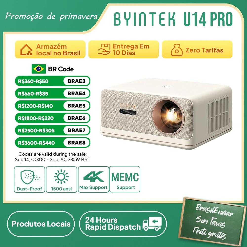 Projetor BYINTEK U14 Pro 4K 1080P 1500 ANSI Lumens Android 11 Bluetooth 5.0 Wi-Fi Auto Keystone Home Theater