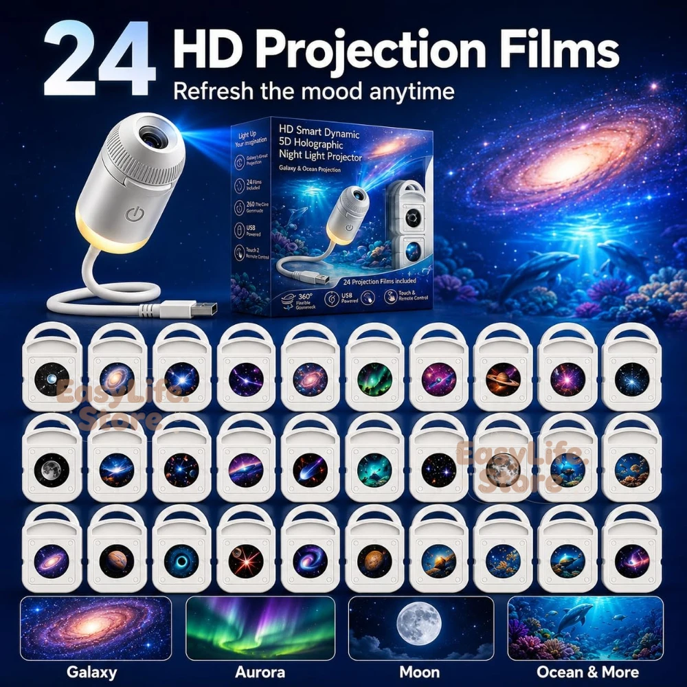 Projetor de Luz Noturna Holográfica Dinâmica HD 5D, Projetor 2-em-1 de Galáxia e Oceano com 24 Filmes para Decoração de Quarto Projetor de Luz Noturna Holográfica Dinâmica HD 5D, Projetor 2-em-1 de Galáxia e Oceano com 24 Filmes para Decoração de Quarto
