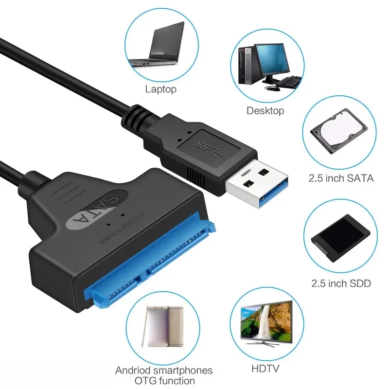 Cabo SATA para USB 3.0 / 2.0 para HDD SSD Externo de 2,5 Polegadas, Adaptador SATA 3 de 22 Pinos, Cabo USB 3.0 para SATA III até 6 Gbp