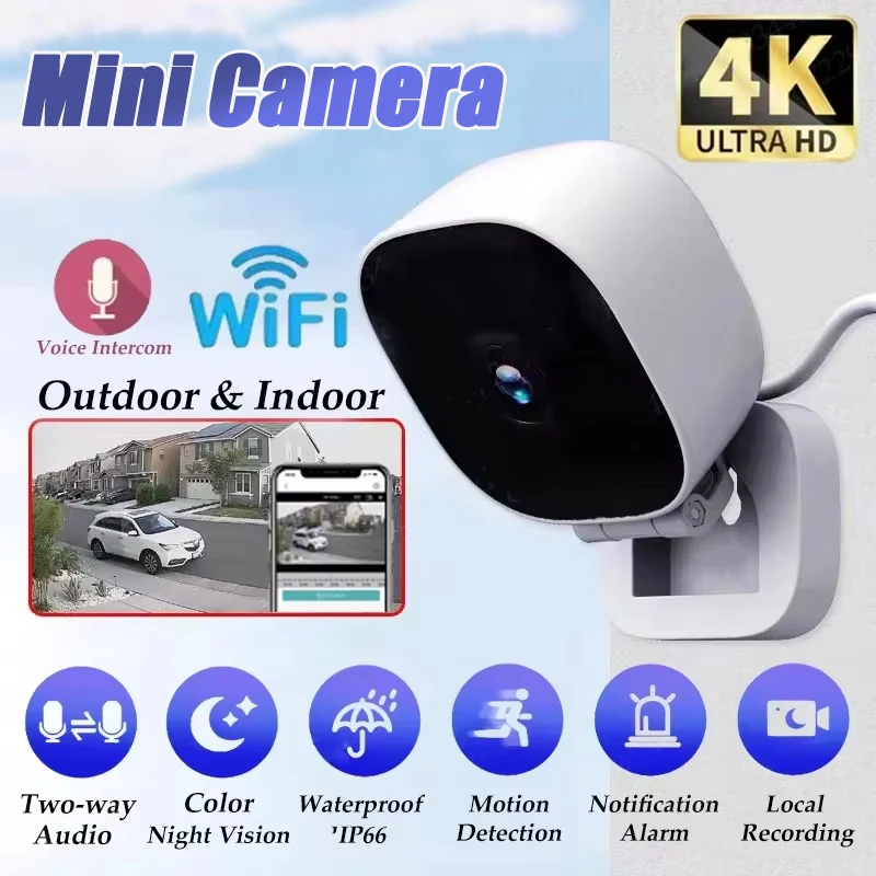 Câmera Mini Sem Fio 4K HD com Lente Grande Angular, Webcam para Monitoramento Interno com Versão Noturna, Áudio Bidirecional, Câmera à Prova d'Água IP65 ﻿ 2026