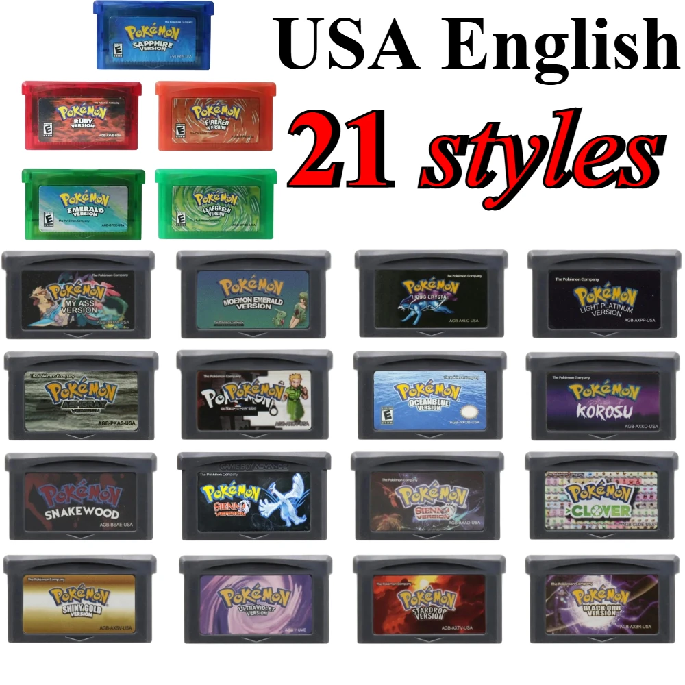 Cartucho de Jogo Pokémon GBA EUA 32-Bit para Console de Videogame, Cartão de Jogo AshGray Liquid Crystal Light Platinum, Coleção de Cartões de Jogo, Presente