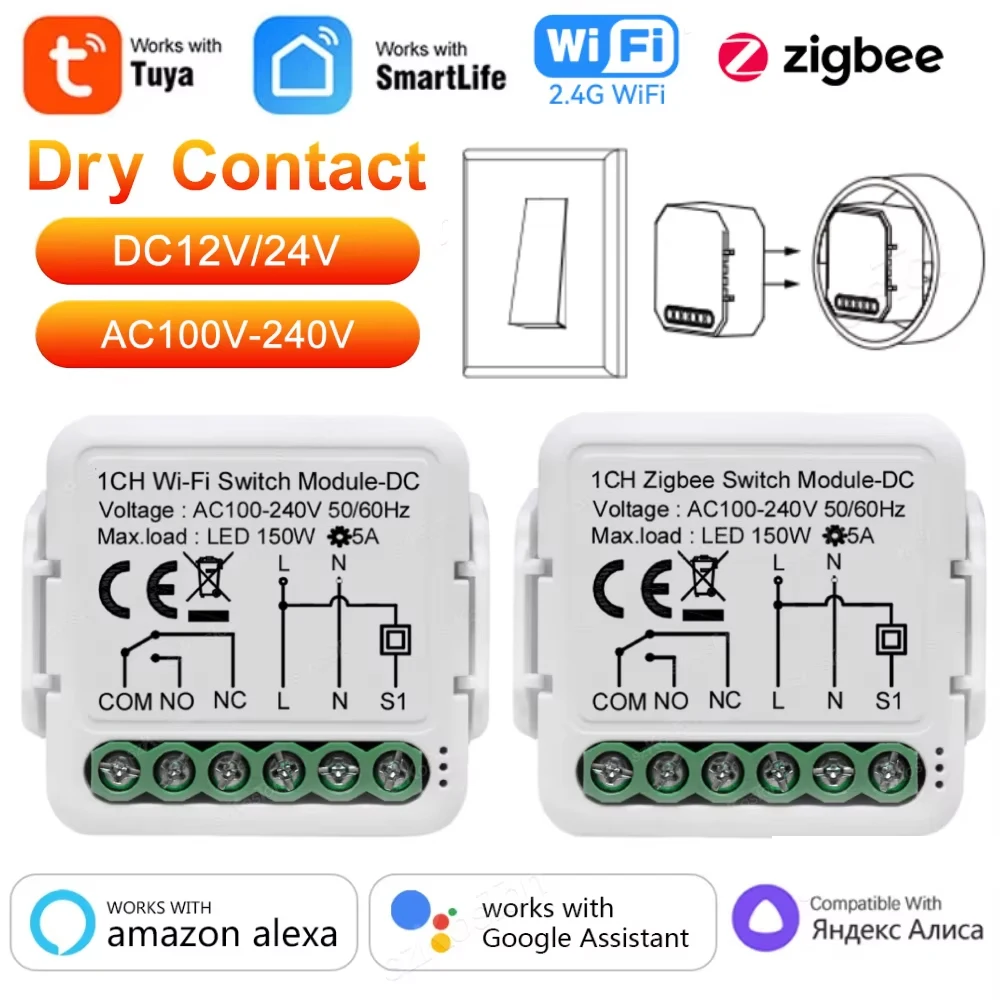 Tuya zigbee wifi módulo de interruptor inteligente contato seco dc 12/24v ac 100-240v casa inteligente diy disjuntor relé trabalho com alexa google alice