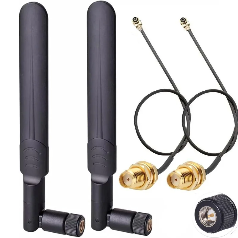 2 Antenas WiFi Dual Band 2.4GHz 5.8GHz 8dBi RP-SMA Macho + 2 Cabos Pigtail I-P-E-X-1 para RP-SMA Fêmea de 15CM para Roteador Sem Fio