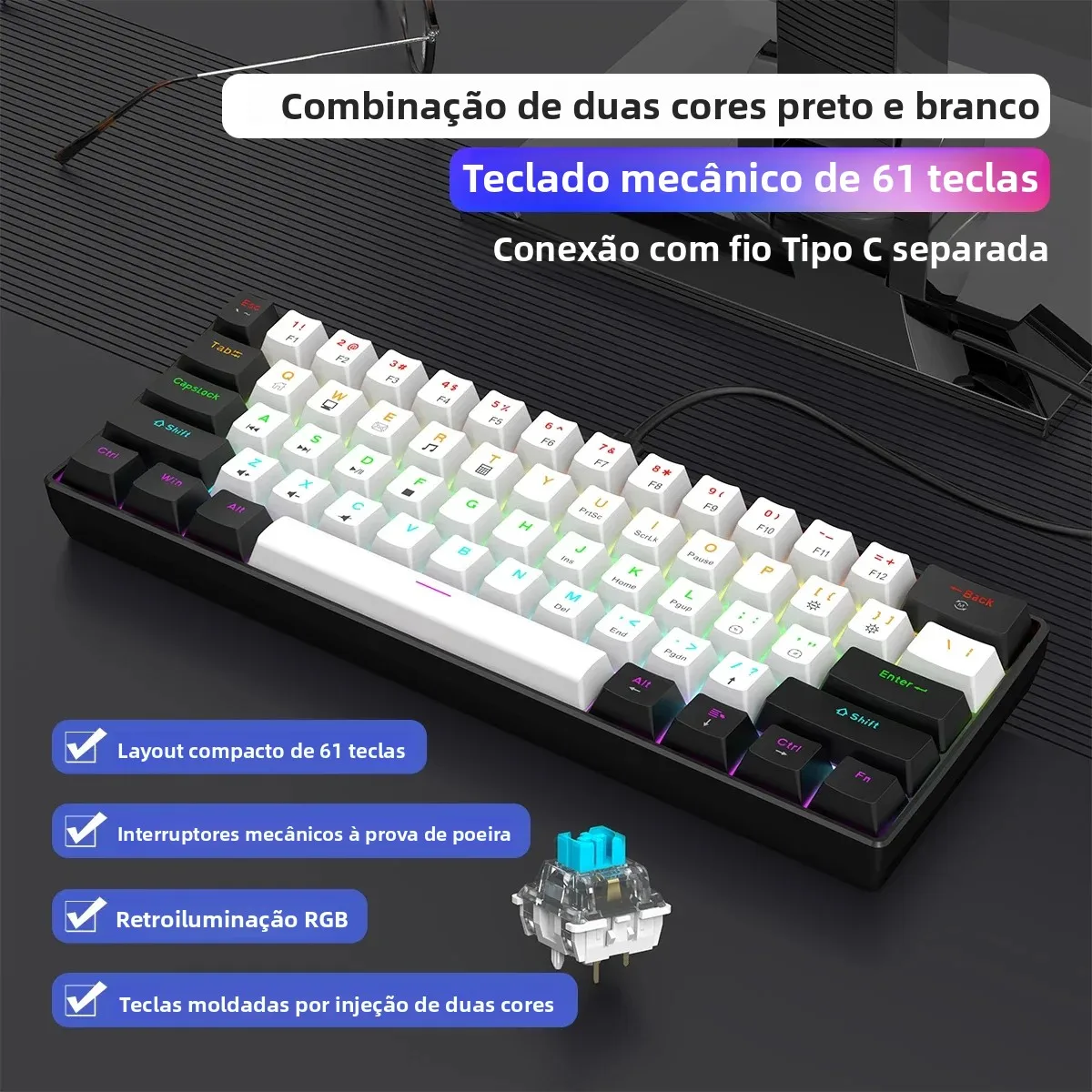 Teclado mecânico para jogos com fio 60% RGB retroiluminado ultra compacto mini layout para jogadores de PC/Mac e tipistas design de viagem fácil