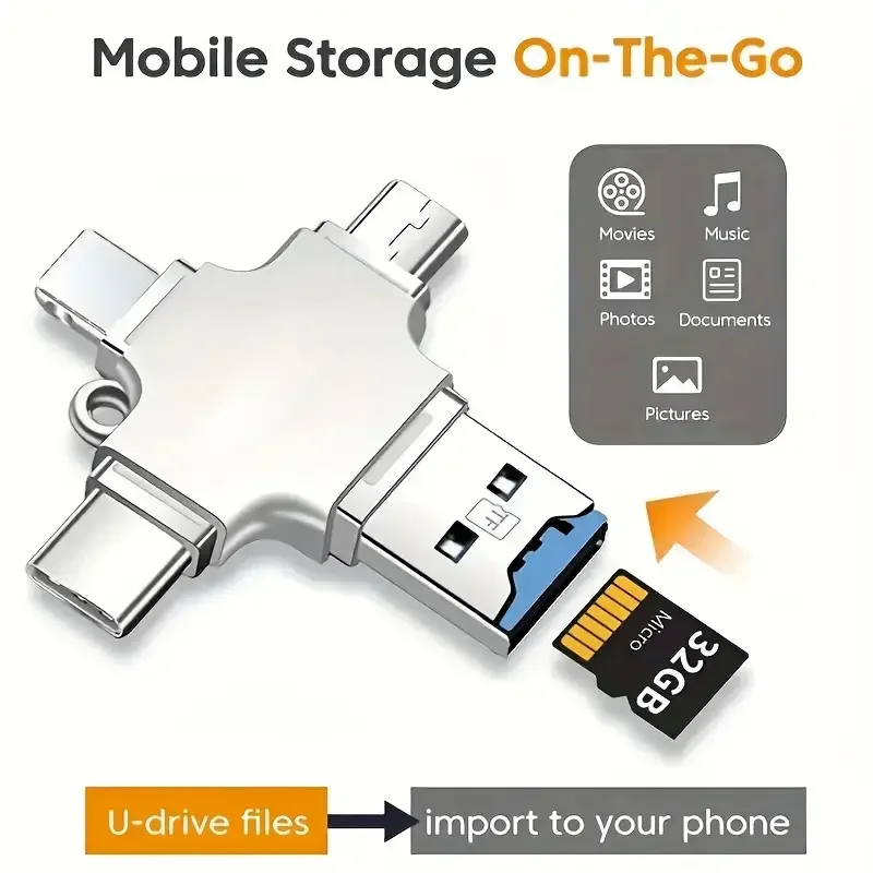 Leitor de Cartão Multiportas 4 em 1, Conversor Portátil Lightning USB Tipo C, Compatível com iPhone, iPad, Android, Mac, PC e Câmera Leitor de Cartão Multiportas 4 em 1, Conversor Portátil Lightning USB Tipo C, Compatível com iPhone, iPad, Android, Mac, PC e Câmera