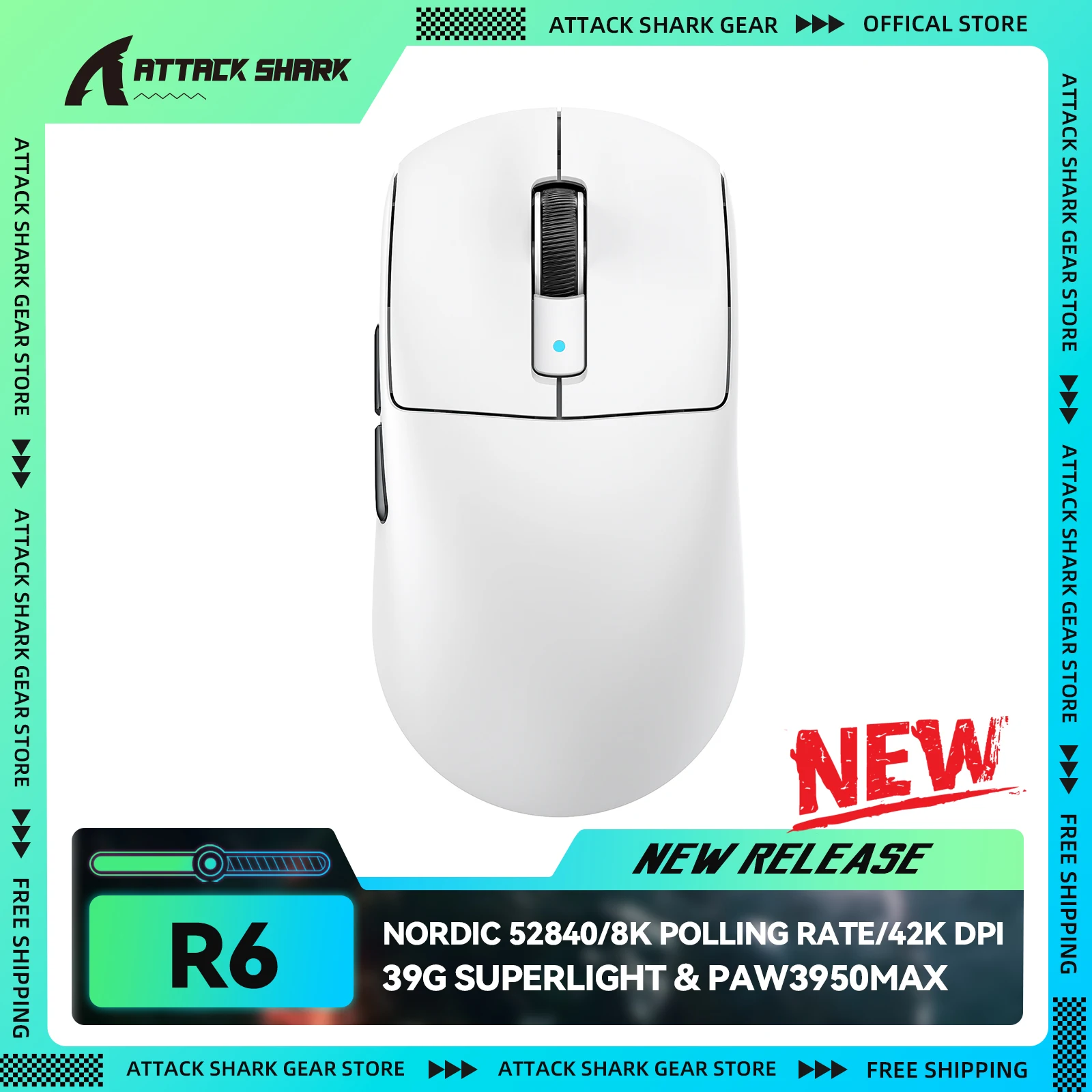 ATTACK SHARK R6 Mouse gamer sem fio Ultralight 39g 8K, sensor PAW3950MAX, Nordic 52840, 42K DPI, 2,4G/BT/Com fio, para PC/MAC