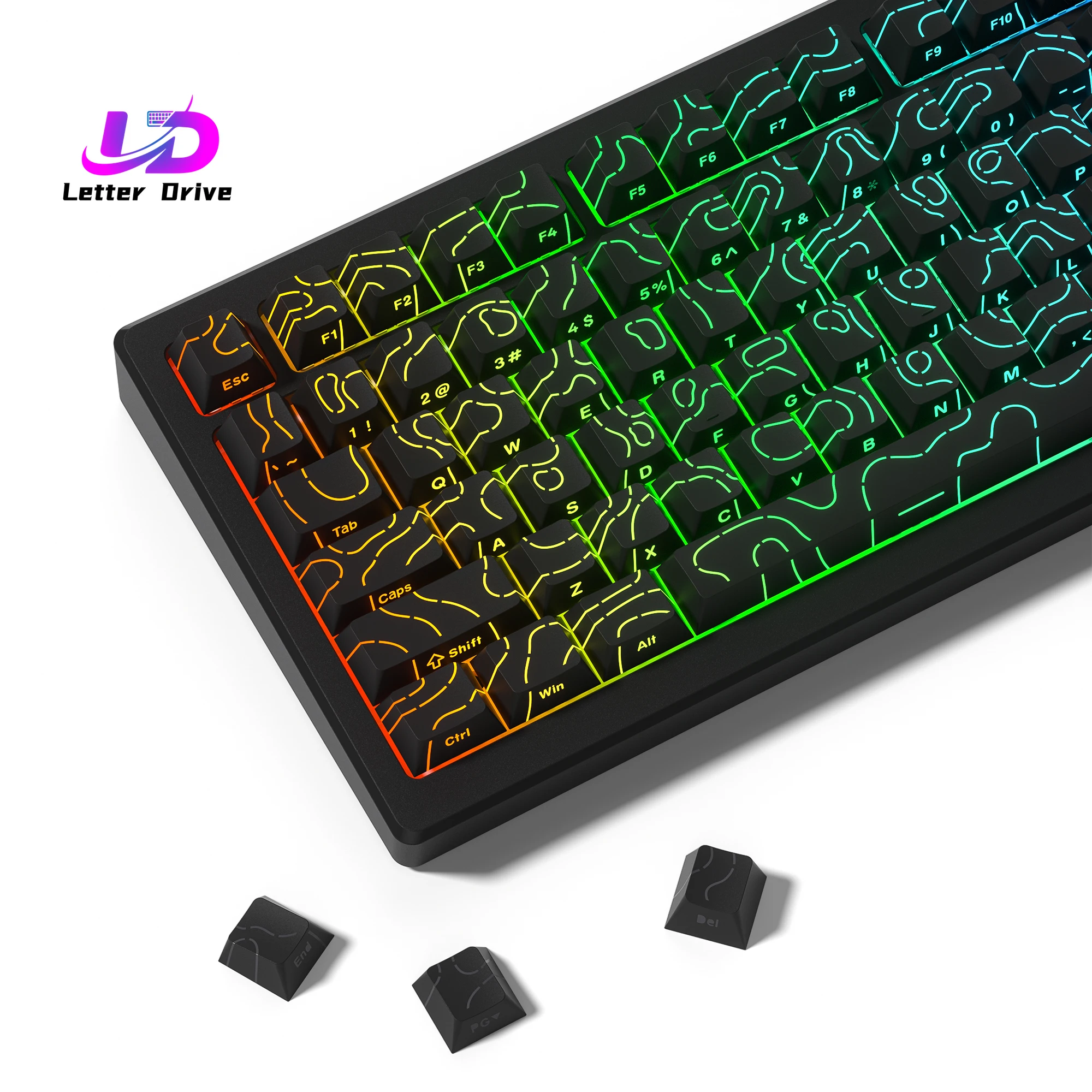 Conjunto de 134 Teclas Pretas Topográficas 4.0 PBT com Impressão Lateral Dupla e Retroiluminação para Teclados Mecânicos Gamer MX