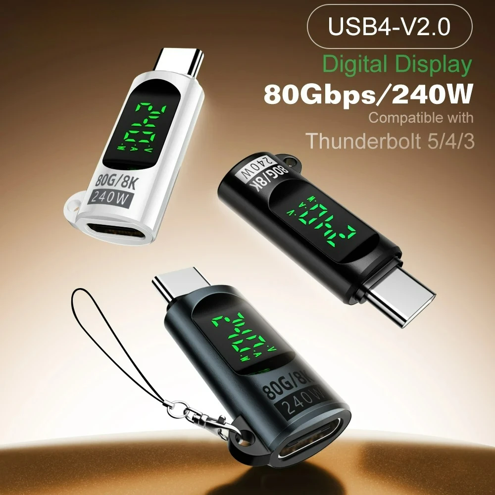 Adaptador USB4 40Gbps com Display Digital, USB 4 V2.0 80Gbps, Conector de Cabo Tipo C para Tipo C OTG 240W 8K para Laptop Thunderbolt 3/4/5