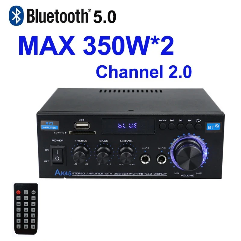 Ak45 amplificador de áudio digital bluetooth de alta fidelidade mp3 canal 2.0 amplificador de potência de som estéreo casa carro automotivo para alto-falantes max 350w * 2