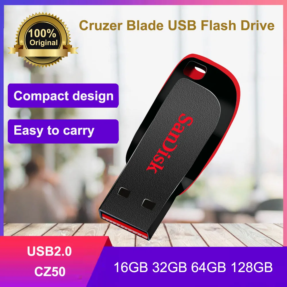 Pen Drive USB SanDisk 100% Original de 16GB, 32GB, 64GB, 128GB USB2.0, Memória Flash para Computador