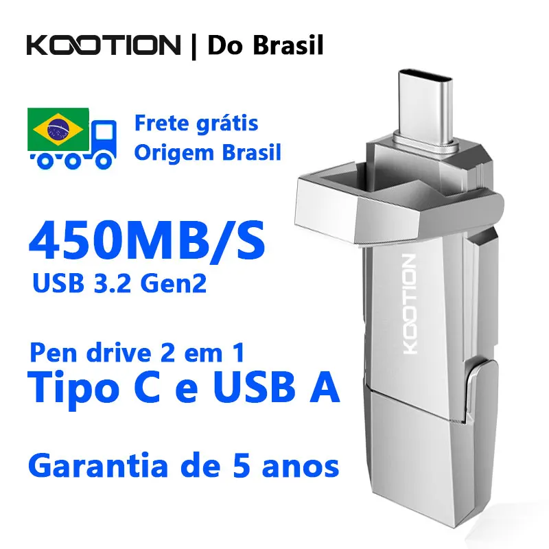 KOOTION 450MB/S Alta Velocidade Pen Drive 2 EM 1 TIPO C & USB 3.2 Gen2 SSD Portátil 512GB 256GB 128GB Memória USB C para Armazenamento de Dados compatível com iPhone 15 16 17, Thunderbolt 3, Celular Android, Tablet