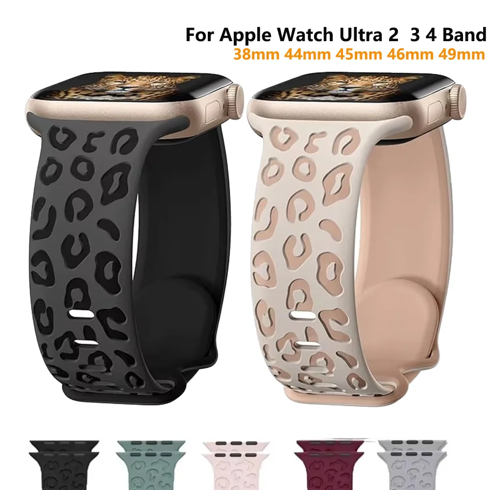 Pulseira com padrão de leopardo gravado para Apple Watch Ultra 2, 3, 4, modelos de 49 mm, 44 mm, 40 mm, 45 mm e 38 mm, pulseira de silicone para iWatch Series 10, 11, 12, 9, 8 e SE. Pulseira com padrão de leopardo gravado para Apple Watch Ultra 2, 3, 4, modelos de 49 mm, 44 mm, 40 mm, 45 mm e 38 mm, pulseira de silicone para iWatch Series 10, 11, 12, 9, 8 e SE.