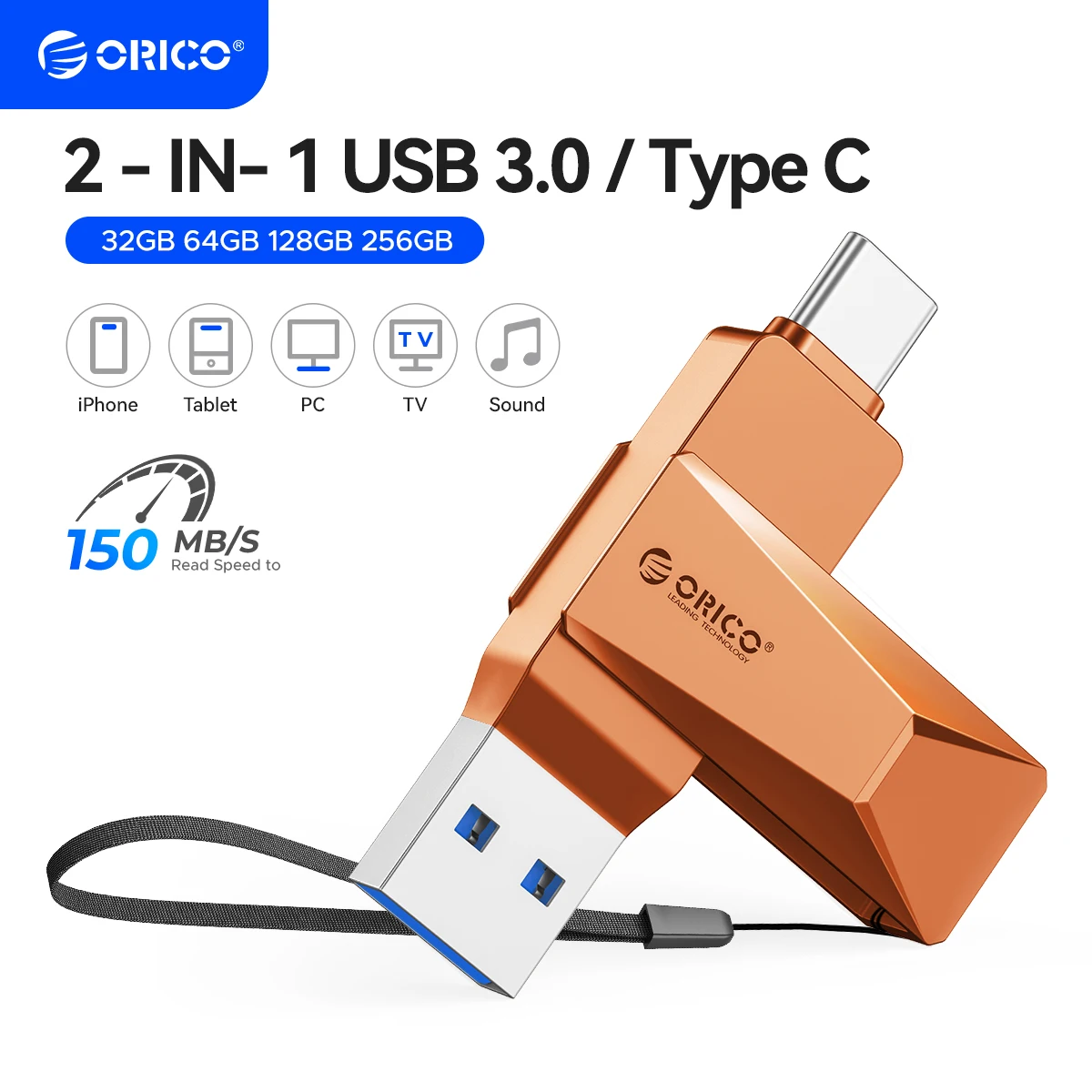 ORICO 2 em 1 Dual Flash Drive Pen Drive de alta velocidade OTG Tipo C USB A Interfaces duplas para MacBook Android